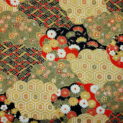 Yellow red black and kaki Japanese cotton fabric with geometrical patterns and flowers (110cm)