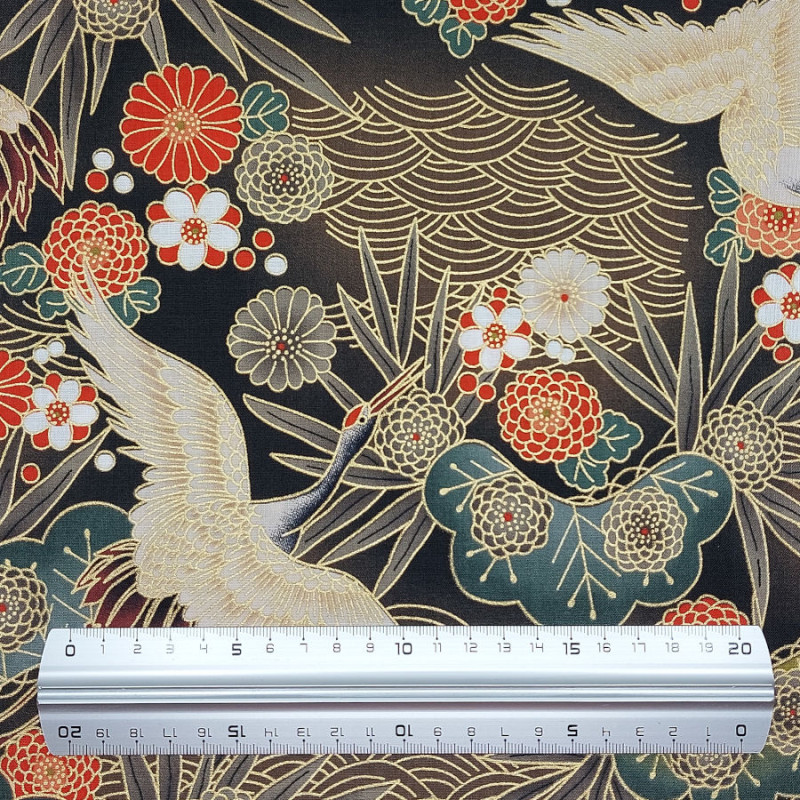 Brown fabric with Japanese cranes and flowers patterns (110cm)