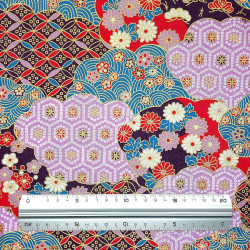 Mauve turquoise fuchsia and purple Japanese cotton fabric with geometrical patterns and flowers (110cm)