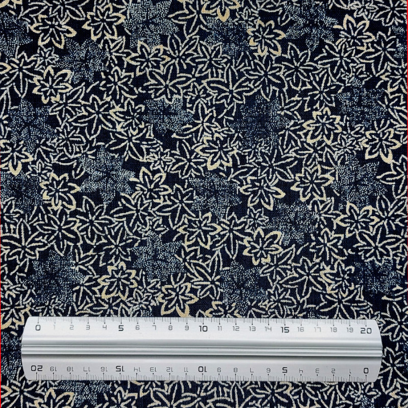 Midnight blue rustic cotton fabric with maple leaves patterns (109cm)