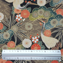 Brown fabric with Japanese cranes and flowers patterns (110cm)