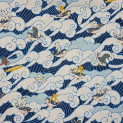 Cotton fabric (85%) and linen (15%) cats, fishes and Japanese wave (110cm)