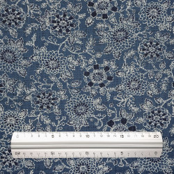 Blue grey rustic cotton fabric with chrysanthemum patterns (109cm)