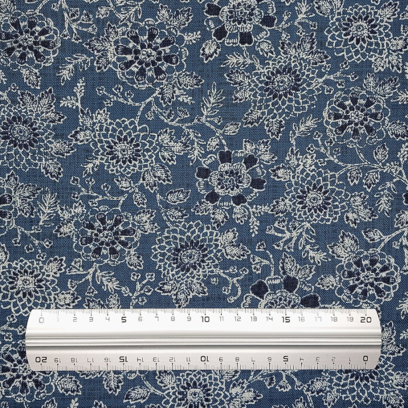 Tissu coton rustique chrysanthèmes bleu gris (109cm)