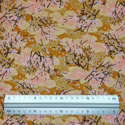 Ocre, salmon pink and gold fabric with cherry trees (110cm)