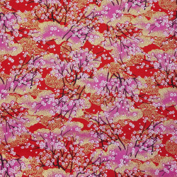 Tissu coton rouge et rose cerisiers en fleurs (110cm)