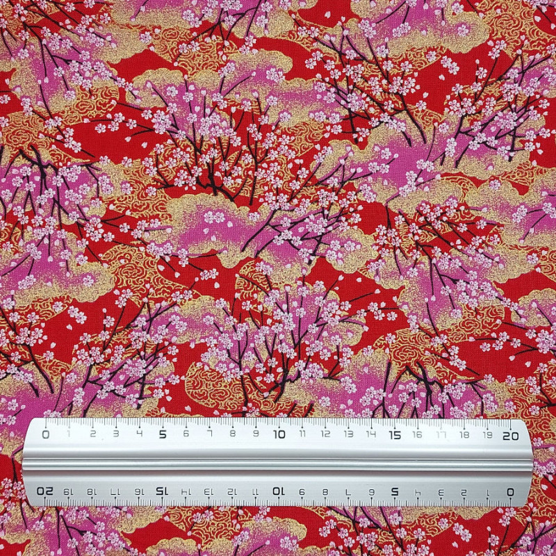 Tissu coton rouge et rose cerisiers en fleurs (110cm)