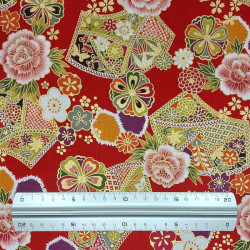 Red fabric with peonies chrysanthemums and fans patterns (110cm)