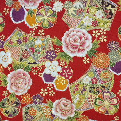 Red fabric with peonies chrysanthemums and fans patterns (110cm)