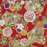 Red fabric with peonies chrysanthemums and fans patterns (110cm)