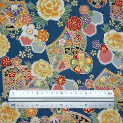 Tissu coton bleu pétrole éventails pivoines chrysanthèmes (110cm)