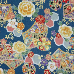 Petrol blue fabric with peonies chrysanthemums and fans patterns (110cm)