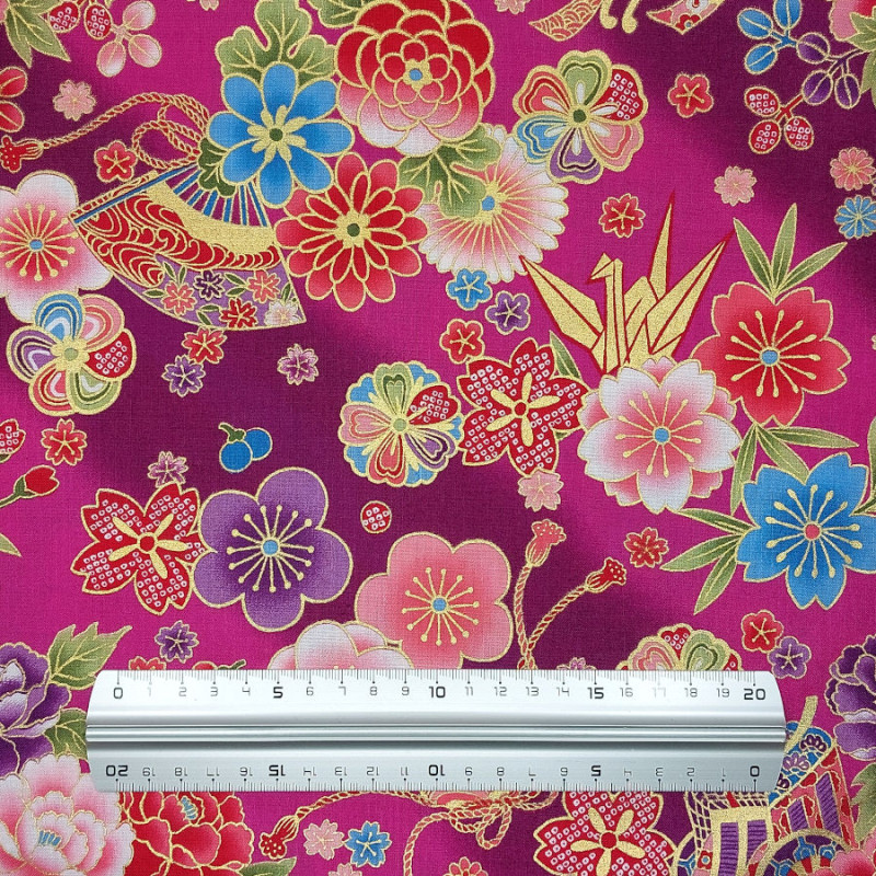 Fuchsia pink fabric with colorful Japanese flowers patterns (110cm)