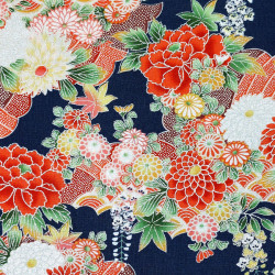 Dark blue Japanese cotton fabric with colorful and silver flowers (110cm)