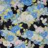 Black Japanese cotton fabric with blue, pastel and silver flowers (110cm)