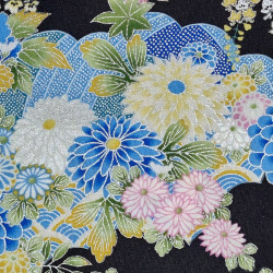 Tissu coton noir fleurs bleues, pastel et argentées (110cm)