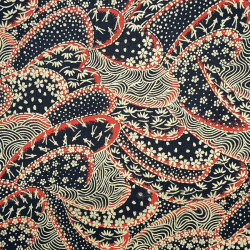 Tissu coton noir motifs cachemire rouges et dorés (110cm)