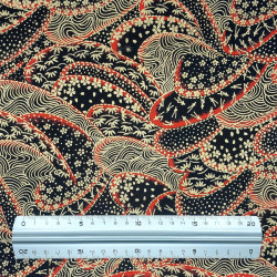 Tissu coton noir motifs cachemire rouges et dorés (110cm)