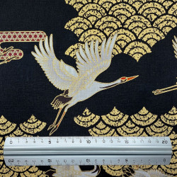 Black and gold fabric with cranes and large waves (110cm)