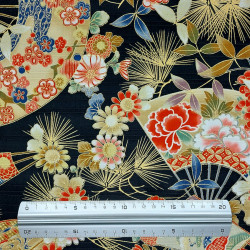 Black textured cotton fabric with flowers and fans (110cm)