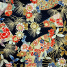 Black textured cotton fabric with flowers and fans (110cm)