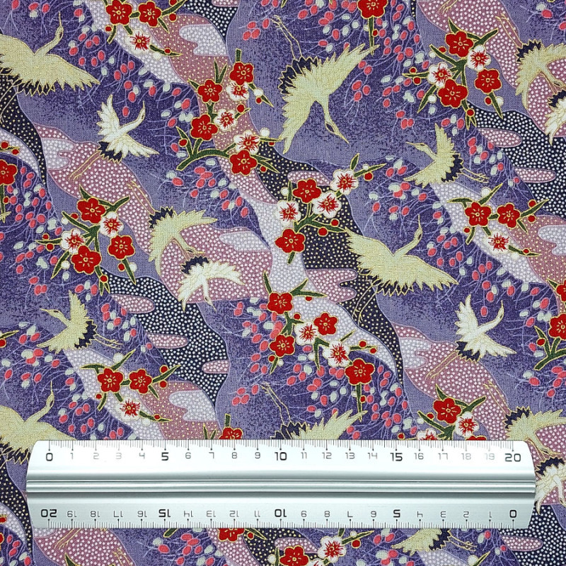 Purple cotton fabric with small cranes and plum blossoms (110cm)