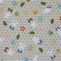 Light beige cotton fabric with colorful rabbits on asanoha background (110cm)