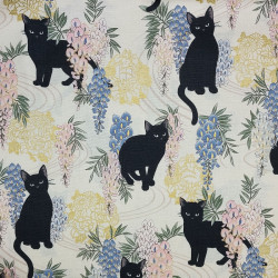 Cream white cotton fabric with white cats and flowers (110cm)