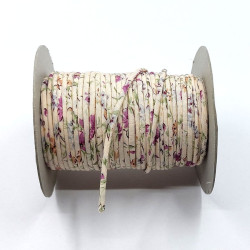 Cordon coton 2mm beige clair fleurs violettes rouleau de 30m