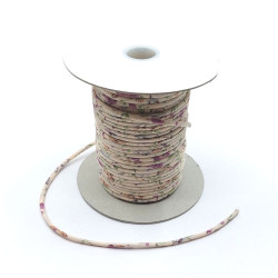 Cordon coton 2mm beige clair fleurs violettes rouleau de 30m