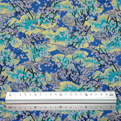 Tissu coton bleu vert et cerisiers en fleurs (110cm)