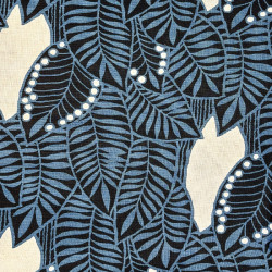 Tissu coton (85%) et lin (15%) bleu foncé noir et beige feuilles (110cm)