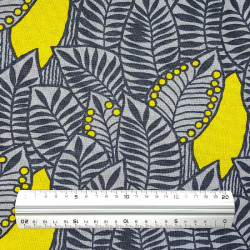 Tissu coton (85%) et lin (15%) gris clair anthracite et jaune citron feuilles (110cm)