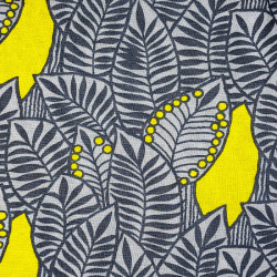 Tissu coton (85%) et lin (15%) gris clair anthracite et jaune citron feuilles (110cm)