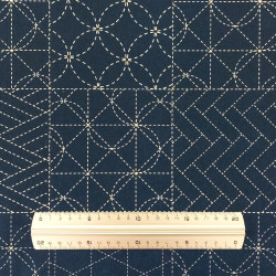 Dark blue sashiko fabric with graphical patterns in squares (110cm)