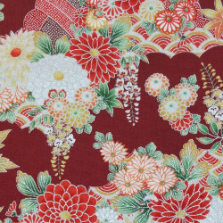 Tissu coton rouge foncé fleurs rouges, jaunes, oranges et argentées (110cm)