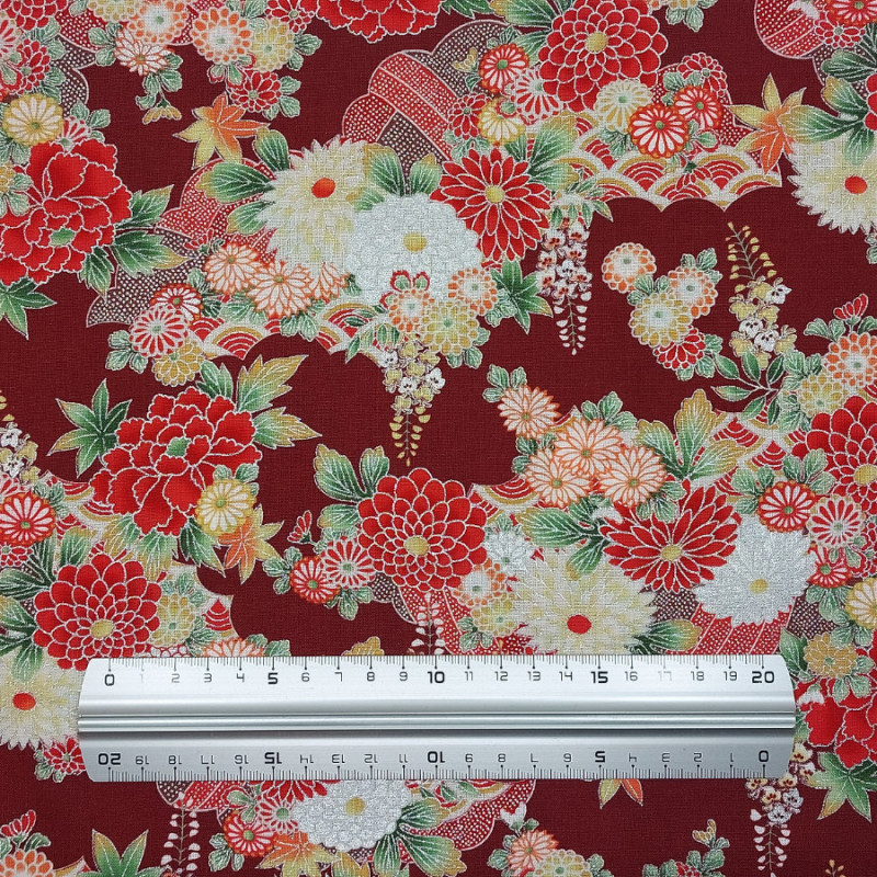 Dark red Japanese cotton fabric with red, yellow, orange and silver flowers (110cm)