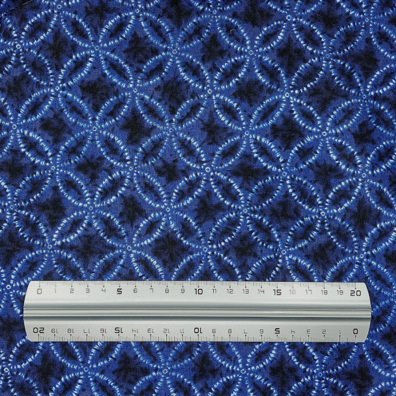 Midnight blue cotton fabric with blue and white shippo patterns shibori style (6m x 109cm)
