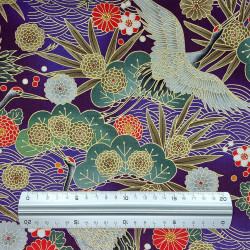 Tissu coton violet fleurs et grues japonaises (5m x 110cm)