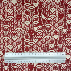 Dark red and beige cotton dobby fabric with cats and waves (110cm)