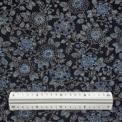 Midnight blue rustic cotton fabric with chrysanthemum patterns (109cm)