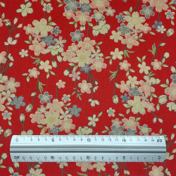 Tissu coton rouge fleurs de cerisier bleues et roses (5m x 108cm)