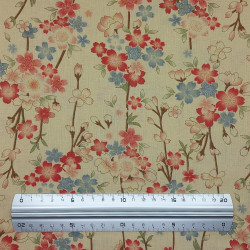 Sand beige cotton fabric with light blue and pink cherry blossom patterns style (5m x 108)