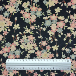 Black cotton fabric with light blue, pink and beige cherry blossom patterns style (5m x 108cm)