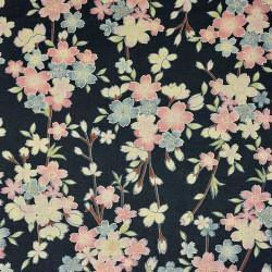 Tissu coton noir fleurs de cerisier bleues, roses et beiges (5m x 108cm)