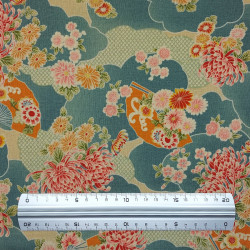 Turquoise mint cotton fabric with fans and chrysanthemum patterns (5m x 108cm)