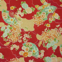 Tissu coton rouge vif éventails et chrysanthèmes (5m x 108cm)