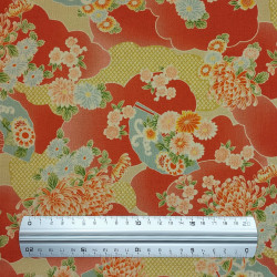 Orange red cotton fabric with fans and chrysanthemum patterns (5m x 108cm)