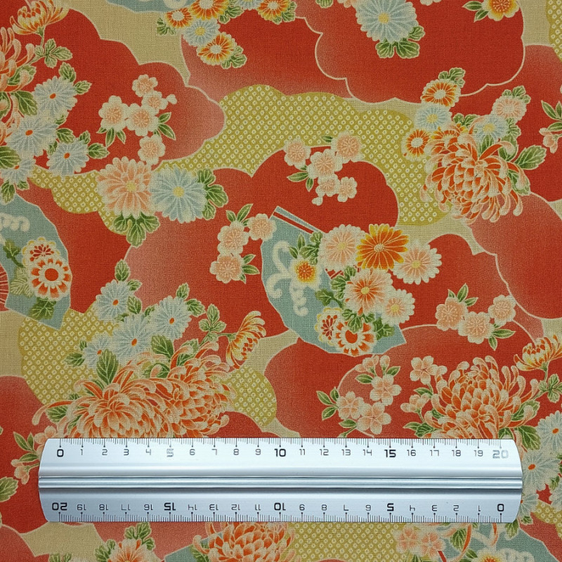 Tissu coton rouge orangé éventails et chrysanthèmes (5m x 108cm)