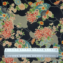 Black cotton fabric with fans and chrysanthemum patterns (5m x 108cm)